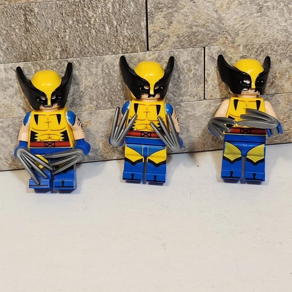 Lot of 3 Wolverine Minifigures X-Men Classic Yellow Blue Suit Claws Lego